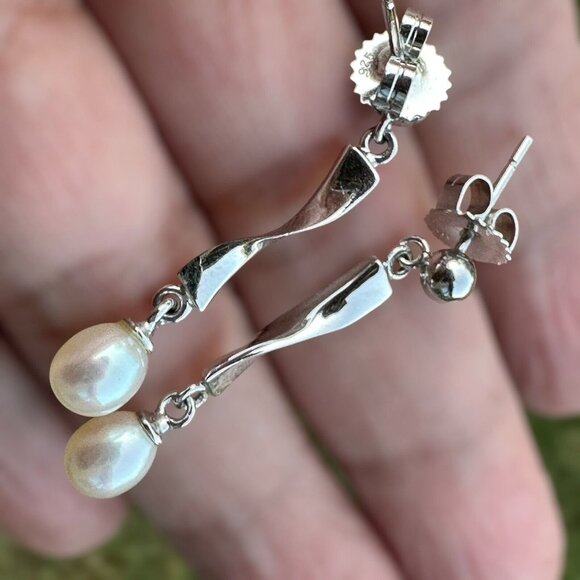 VTG Sterling 925 Twist Stud Dangle Earrings Cultured Pearls 2.4g Modernist 1.25" - Picture 2 of 8